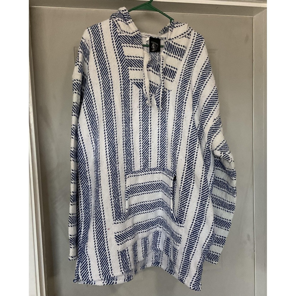 Baja Billy's Hoodie Mens 2XL XXL White Blue Striped Pullover Baja Hippie Beach